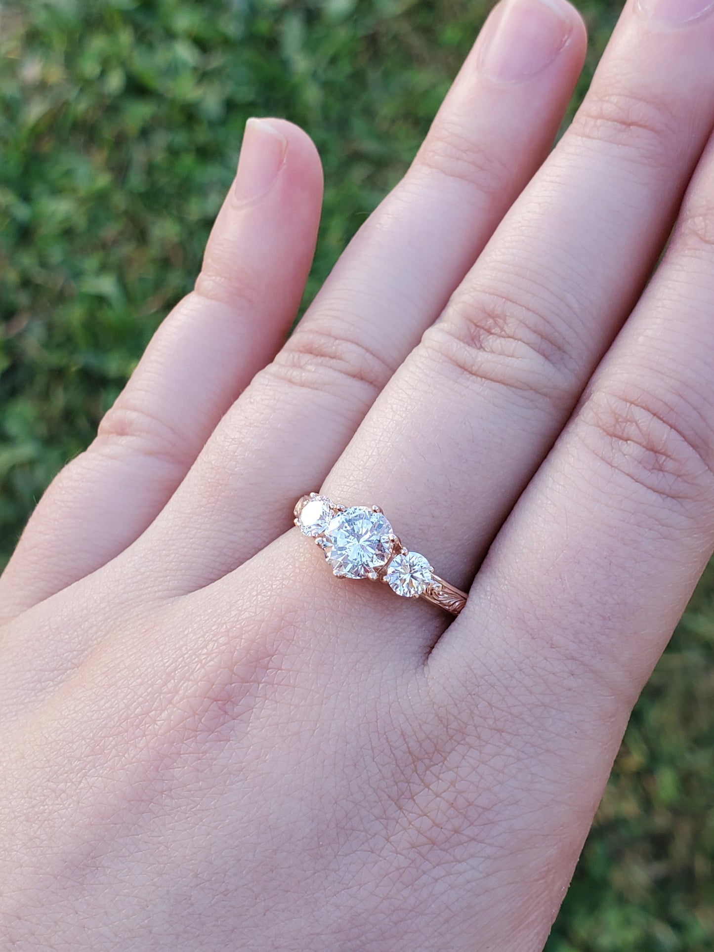 The Emmeline: Three Stoned Engagement Ring, Cowgirl Engagement Ring, Rose Gold Engagement Ring, Western Hand-Engraved Ring