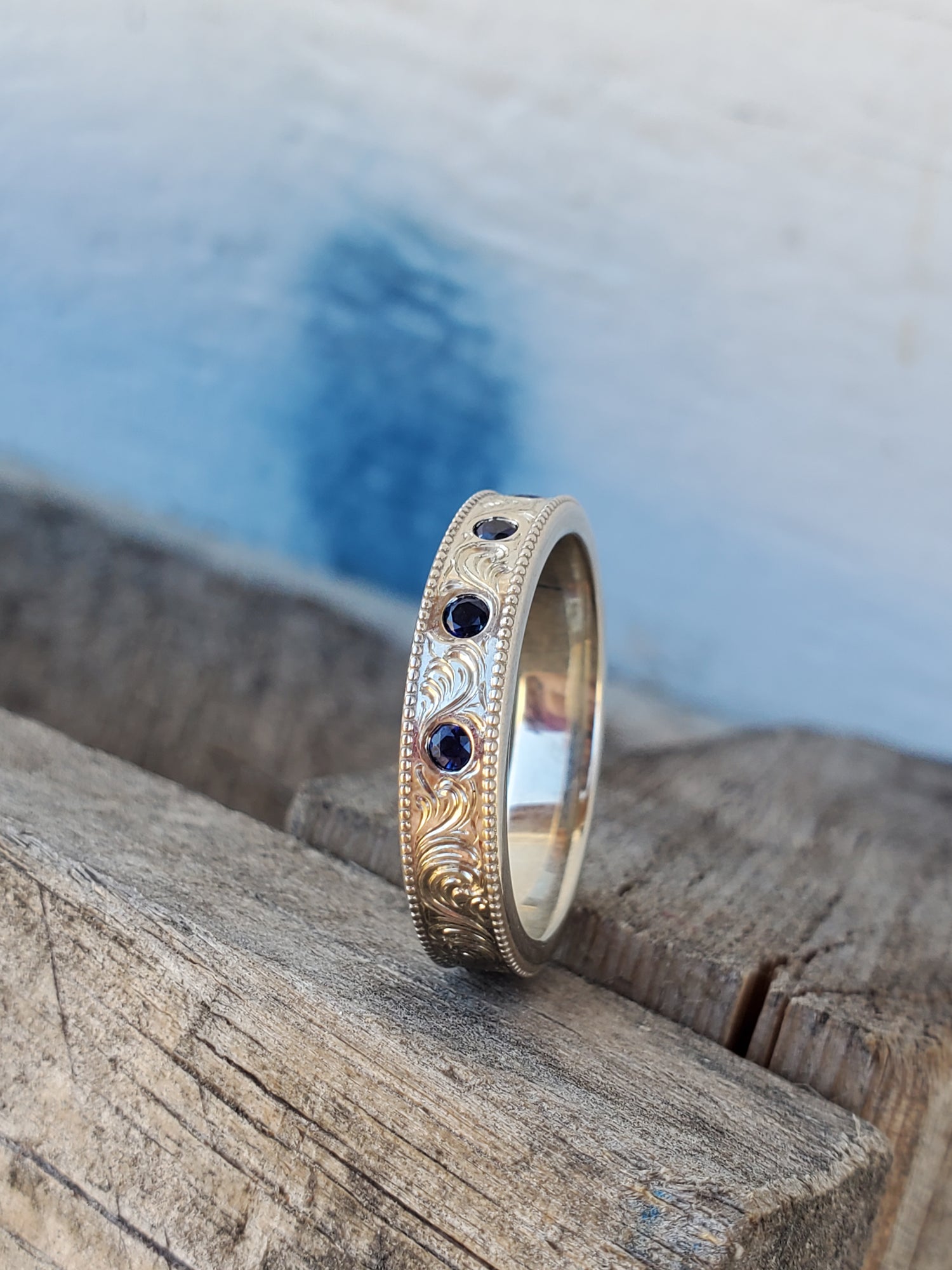 The Elodie: Hand-Engraved Sapphire Wedding Band, White Gold and