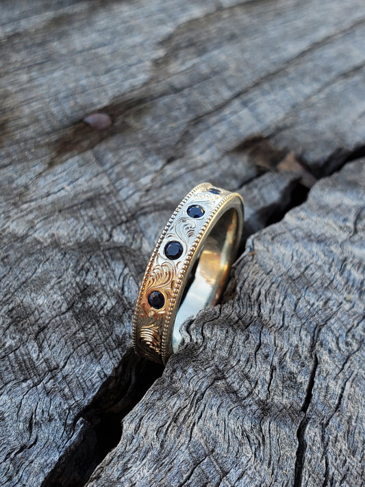 The Elodie: Hand-Engraved Sapphire Wedding Band, White Gold and Sapphire Ring, Women's Western Wedding Ring, Narrow Hand-Engraved Ring, Cowgirl Jewelry, Sapphire Stacking Band