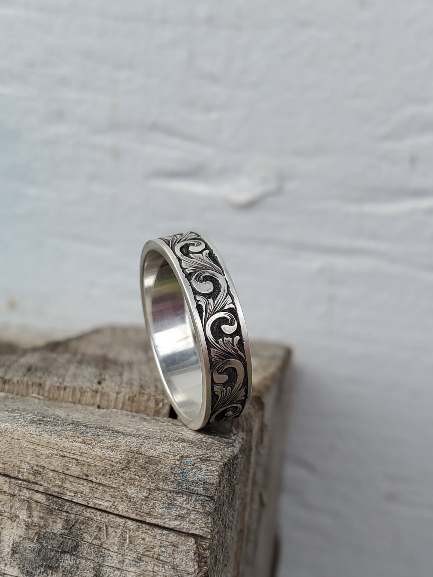 The Jesse: Antiqued White Gold Or Platinum Band With Dimensional Western Scrollwork, Hand-Engraved Western Wedding Band, Cowgirl Wedding Ring, Antiqued Stacking Ring