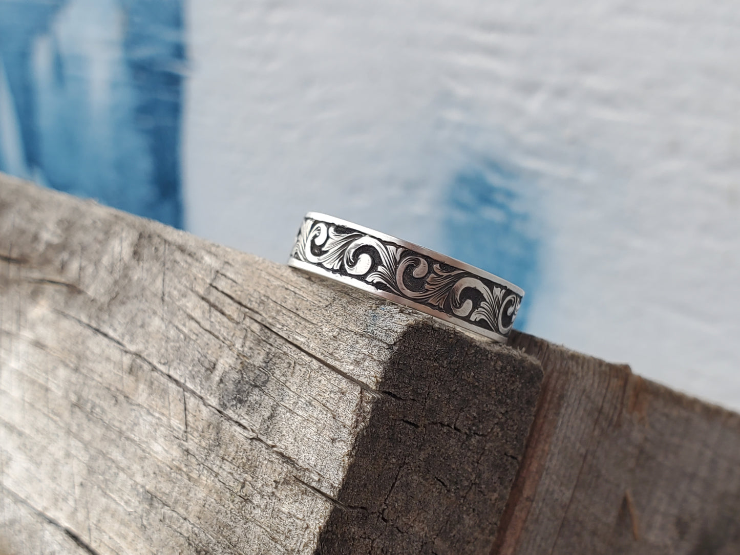 The Jesse: Antiqued White Gold Or Platinum Band With Dimensional Western Scrollwork, Hand-Engraved Western Wedding Band, Cowgirl Wedding Ring, Antiqued Stacking Ring