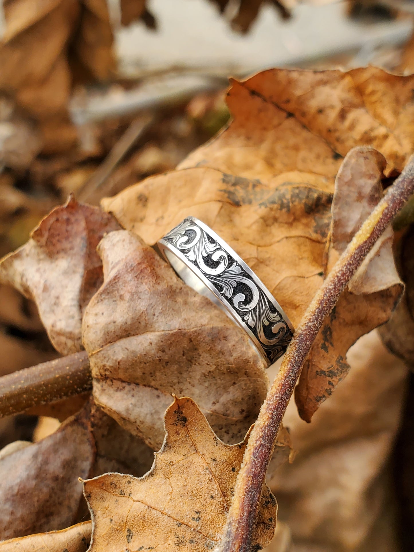 The Jesse: Antiqued White Gold Or Platinum Band With Dimensional Western Scrollwork, Hand-Engraved Western Wedding Band, Cowgirl Wedding Ring, Antiqued Stacking Ring