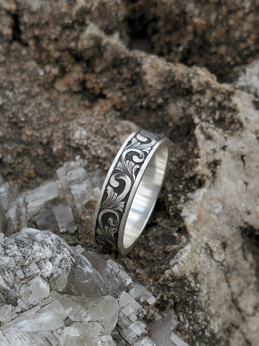 The Jesse: Antiqued White Gold Or Platinum Band With Dimensional Western Scrollwork, Hand-Engraved Western Wedding Band, Cowgirl Wedding Ring, Antiqued Stacking Ring