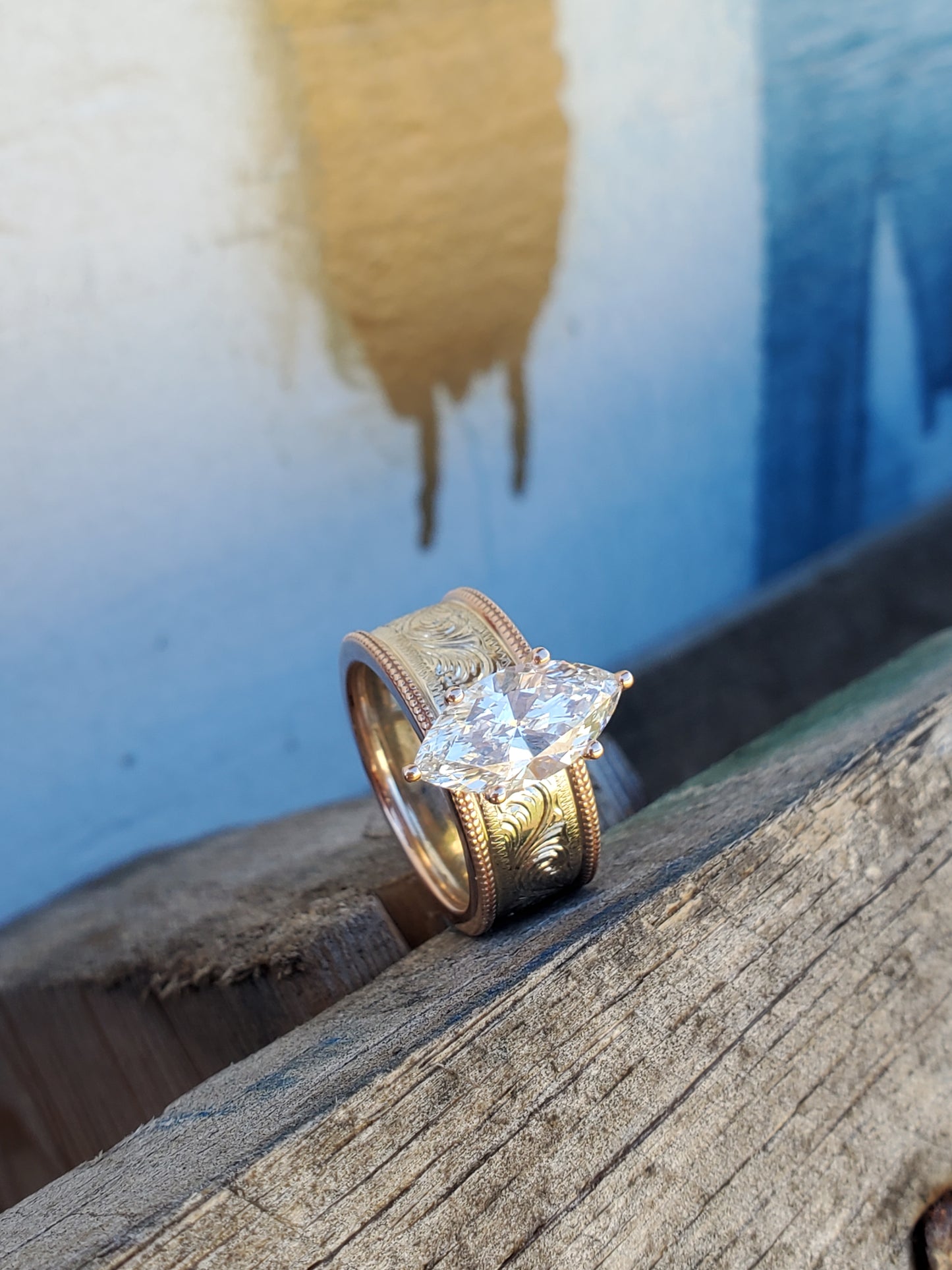 The Kylan: Wide 2ct. Two-Tone Hand-Engraved Western Engagement Ring, Unique Cowgirl Ring, Western Engagement Ring for Her, Rose Gold and White Gold Engagement