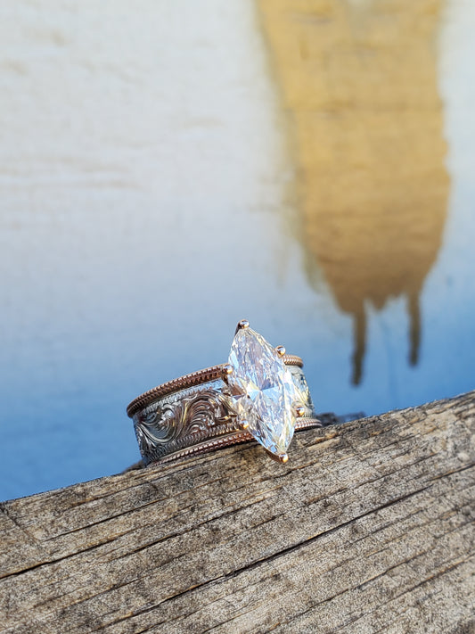 The Kylan: Wide 2ct. Two-Tone Hand-Engraved Western Engagement Ring, Unique Cowgirl Ring, Western Engagement Ring for Her, Rose Gold and White Gold Engagement