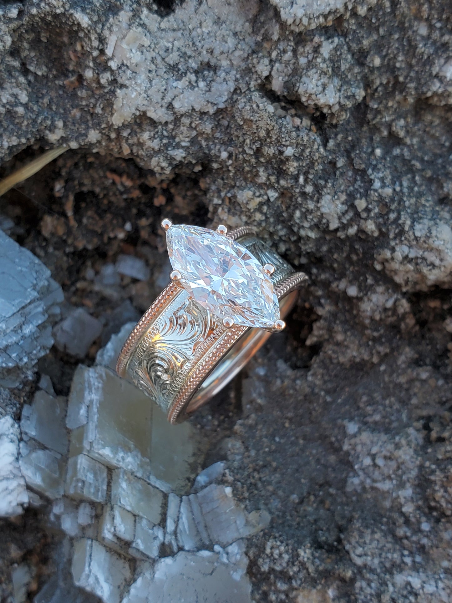 The Kylan: Wide 2ct. Two-Tone Hand-Engraved Western Engagement Ring, Unique Cowgirl Ring, Western Engagement Ring for Her, Rose Gold and White Gold Engagement