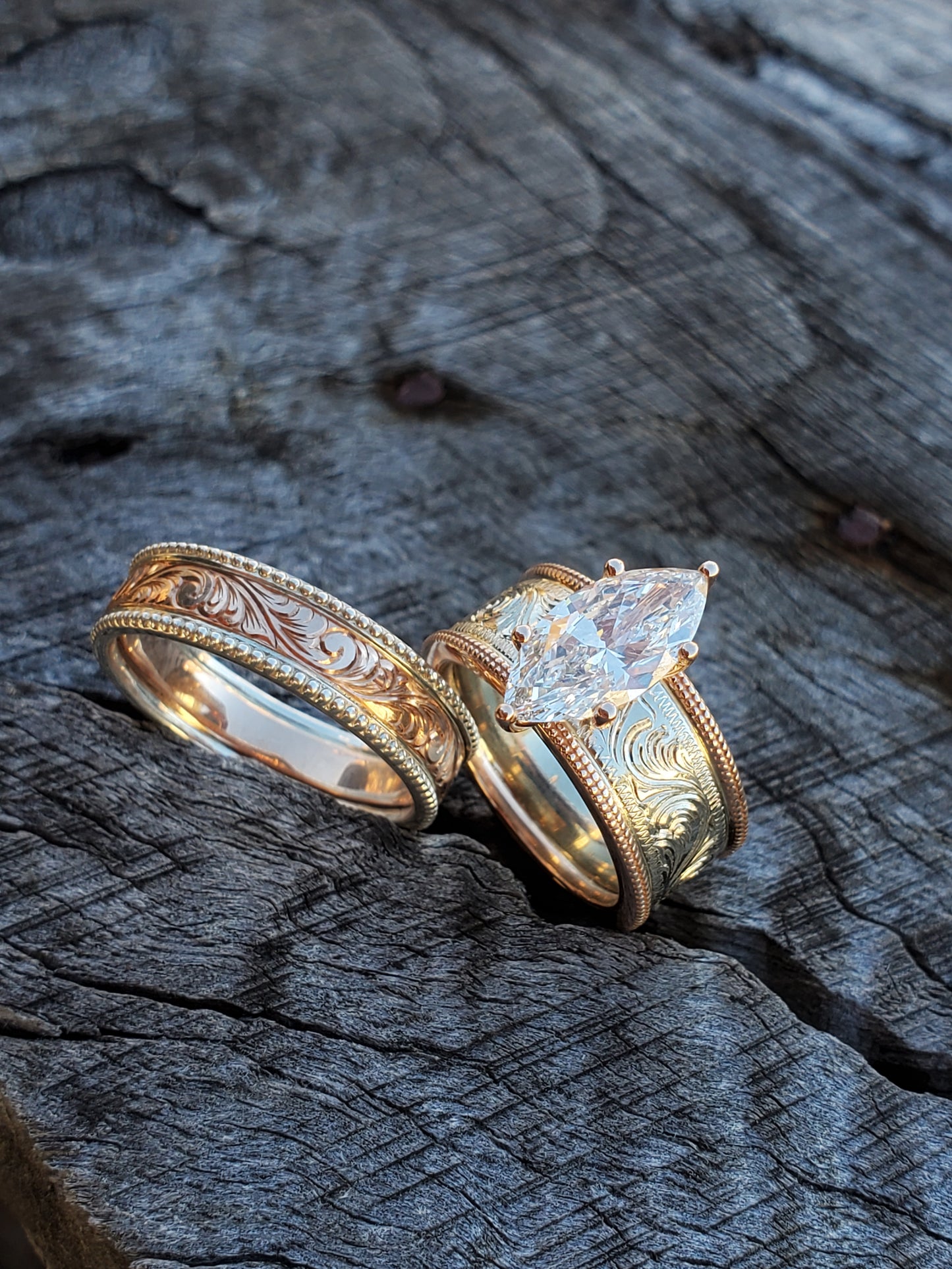 The Kylan: Wide 2ct. Two-Tone Hand-Engraved Western Engagement Ring, Unique Cowgirl Ring, Western Engagement Ring for Her, Rose Gold and White Gold Engagement