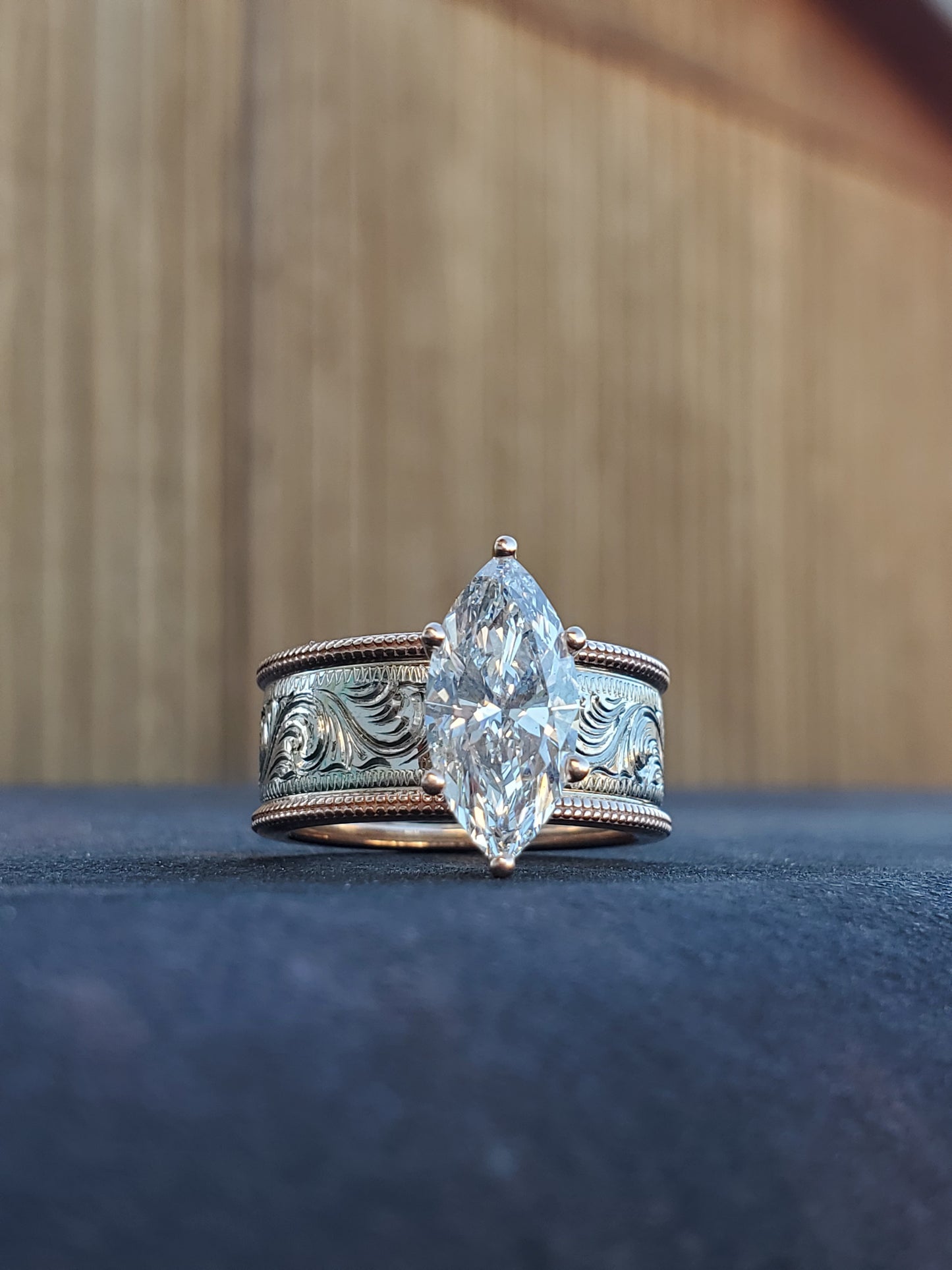 The Kylan: Wide 2ct. Two-Tone Hand-Engraved Western Engagement Ring, Unique Cowgirl Ring, Western Engagement Ring for Her, Rose Gold and White Gold Engagement