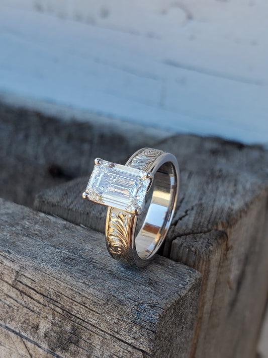 The Cheyenne: 2 ct. 5mm Wide Band Emerald Cut 10K, 14K, 18K White Gold or Platinum Engagement Ring, Western Engagement Ring, Cowgirl Ring, Western Wedding Ring
