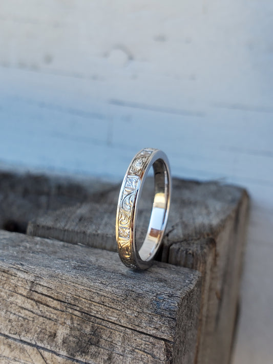 The Eva: Band with Inset Princess Cut Diamonds, Dainty 10K White Gold Wedding Band, Cowgirl Wedding Ring, Cowgirl Ring, Diamond Wedding Band