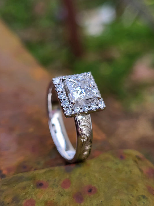 The Francine: Princess cut with Square Halo, 10K, 14K, or 18K White Gold Engagement Ring with 1- 1.75ct Princess Cut Center, Cowgirl Engagement Ring