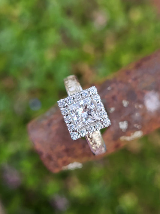 The Francine: Princess cut with Square Halo, 10K, 14K, or 18K White Gold Engagement Ring with 1- 1.75ct Princess Cut Center, Cowgirl Engagement Ring