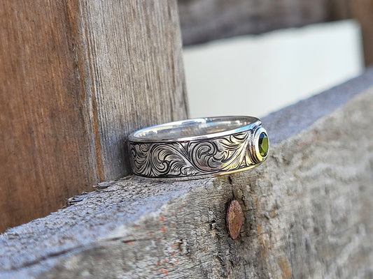 The Landry: Western Wedding Band, Western Men's Ring with Stone, Bevel Inset Gemstone or Diamond Ring, Hand-Engraved Scrollwork Band with Stone, Cowboy Ring