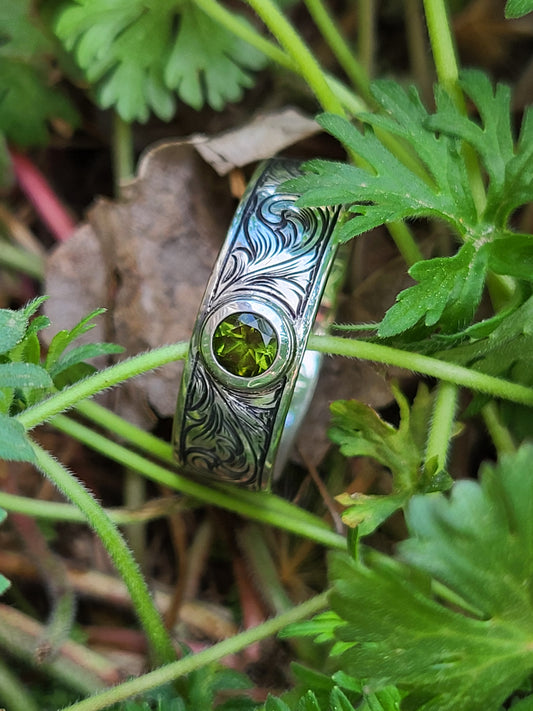 The Landry: Western Wedding Band, Western Men's Ring with Stone, Bevel Inset Gemstone or Diamond Ring, Hand-Engraved Scrollwork Band with Stone, Cowboy Ring