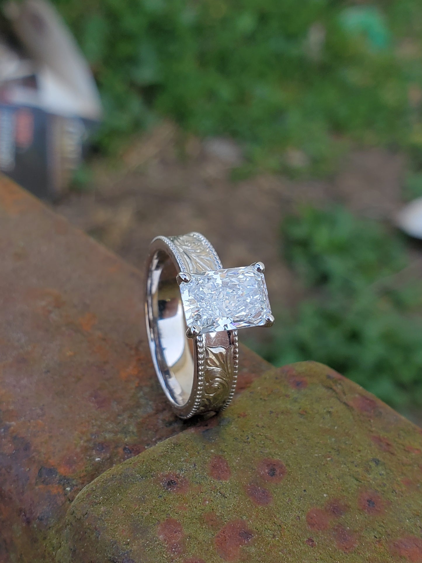 The Iris: 5mm, 2ct Radiant Cut Silver or White Gold Upraised Milgrain Ring, Cowgirl moissanite ring, western engagement ring, cowgirl ring, white gold engagement ring