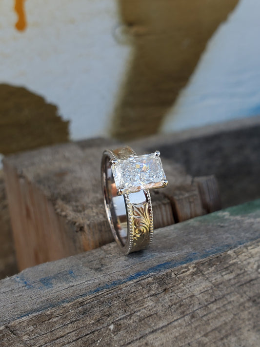 The Iris: 5mm Radiant Cut Silver or White Gold Upraised Milgrain Ring, Cowgirl moissanite ring, western engagement ring, cowgirl ring, white gold engagement ring