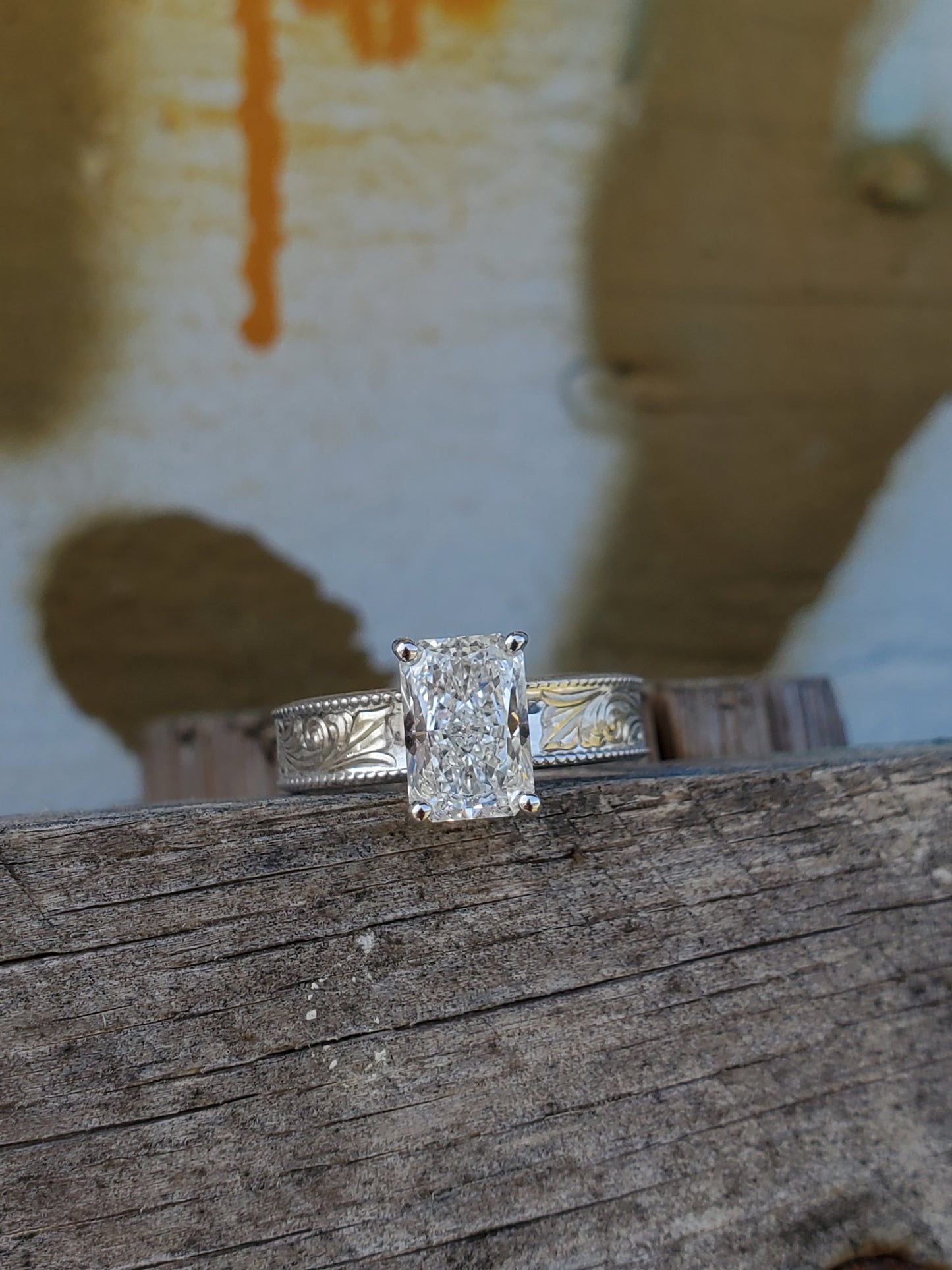The Iris: 5mm, 2ct Radiant Cut Silver or White Gold Upraised Milgrain Ring, Cowgirl moissanite ring, western engagement ring, cowgirl ring, white gold engagement ring