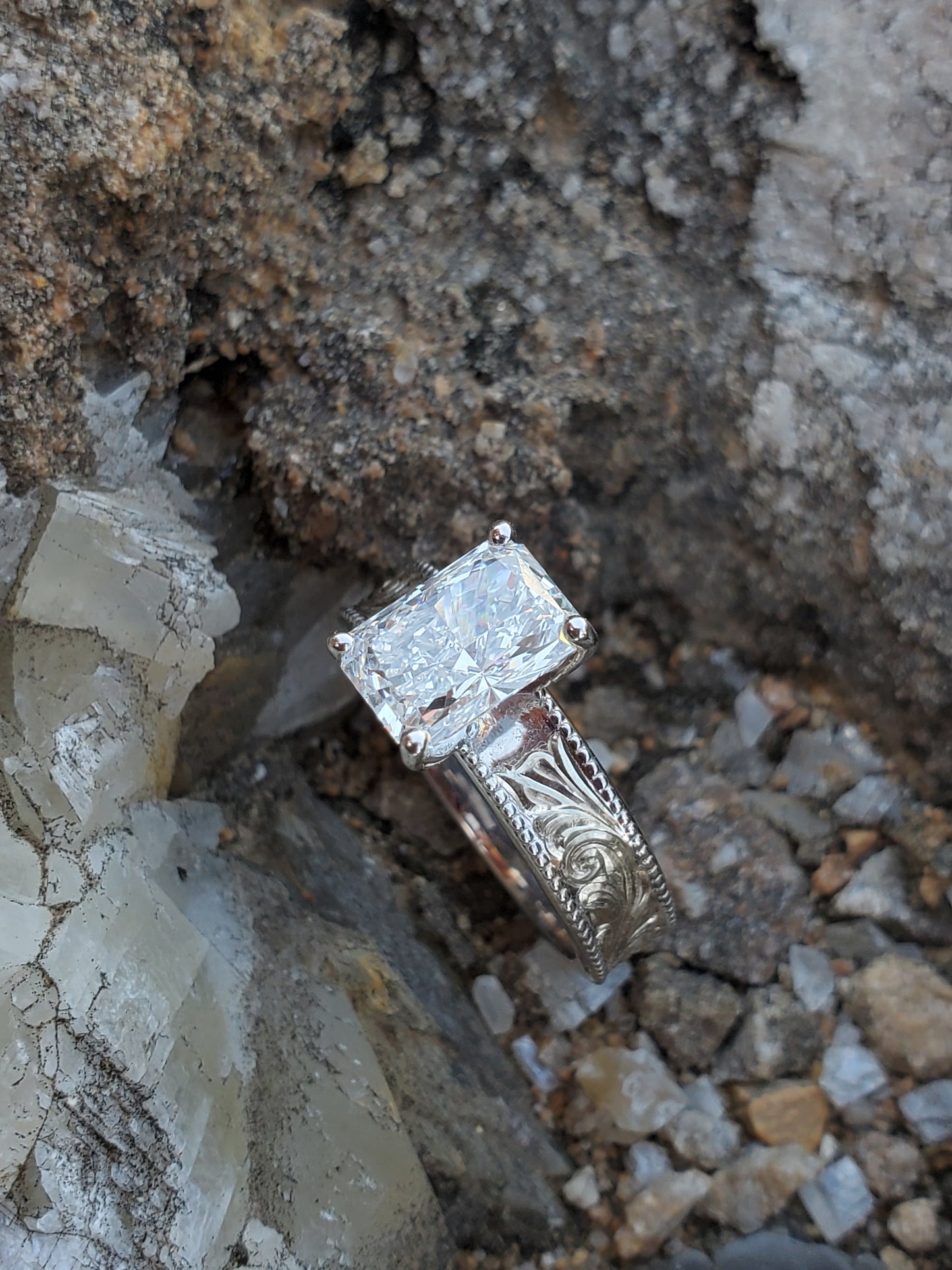 The Iris: 5mm, 2ct Radiant Cut Silver or White Gold Upraised Milgrain Ring, Cowgirl moissanite ring, western engagement ring, cowgirl ring, white gold engagement ring