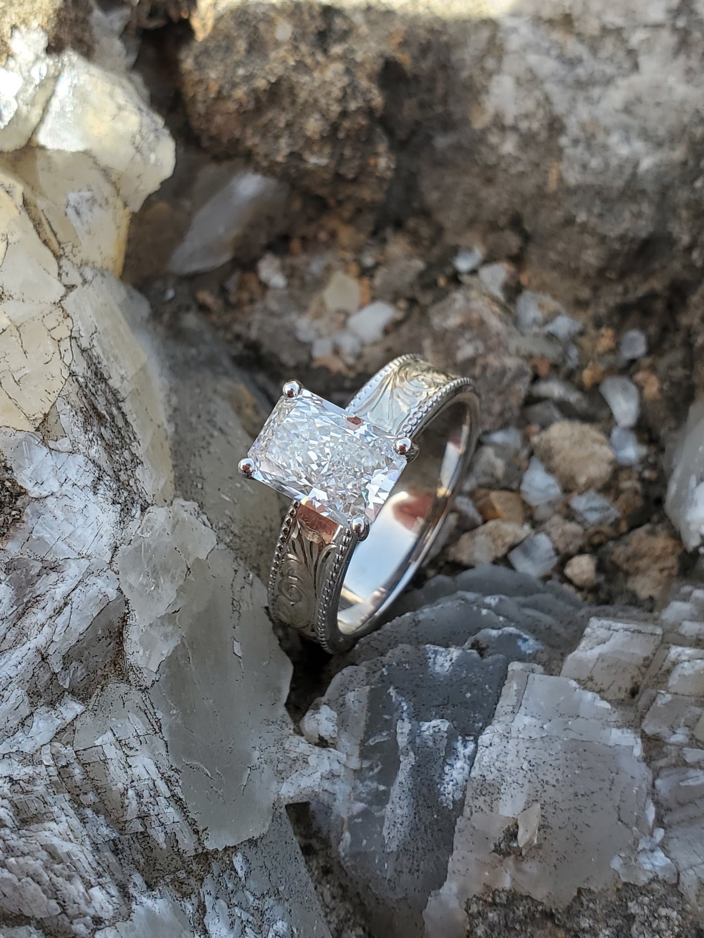 The Iris: 5mm, 2ct Radiant Cut Silver or White Gold Upraised Milgrain Ring, Cowgirl moissanite ring, western engagement ring, cowgirl ring, white gold engagement ring