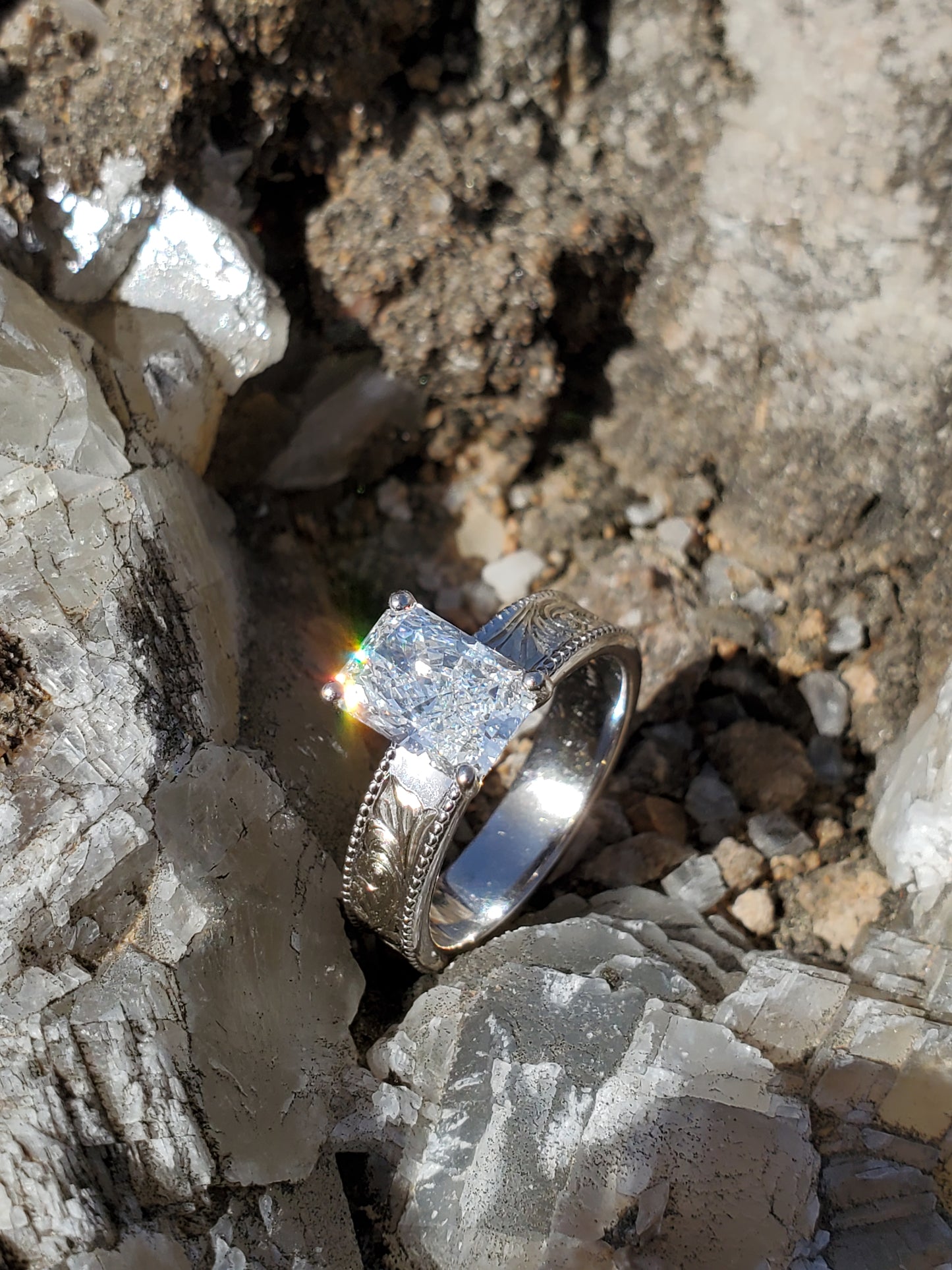 The Iris: 5mm, 2ct Radiant Cut Silver or White Gold Upraised Milgrain Ring, Cowgirl moissanite ring, western engagement ring, cowgirl ring, white gold engagement ring
