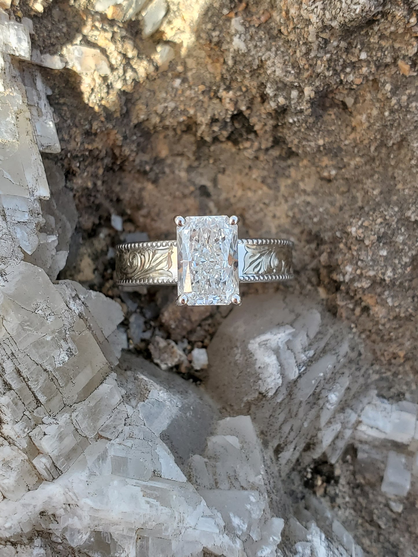 The Iris: 5mm, 2ct Radiant Cut Silver or White Gold Upraised Milgrain Ring, Cowgirl moissanite ring, western engagement ring, cowgirl ring, white gold engagement ring