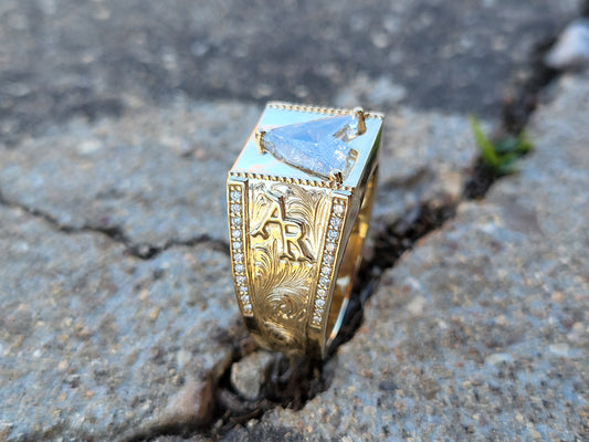 The Colt: Horse-Head Lab Diamond, 10K Gold Hand-Engraved Western Signet Ring, Cowboy Ring, Western Gold Ring, Diamond Ring for Him