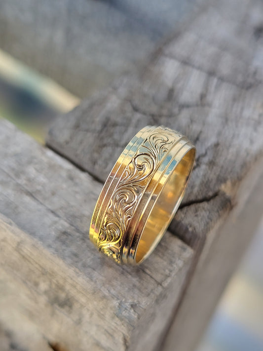 The Hale: 8mm Wide Stepped Edge Men's Wedding Band in Yellow Gold, Men's Wedding Band, Hand-Engraved Beveled Edge Ring, Western Wedding Band For Him, Cowboy Wedding Ring