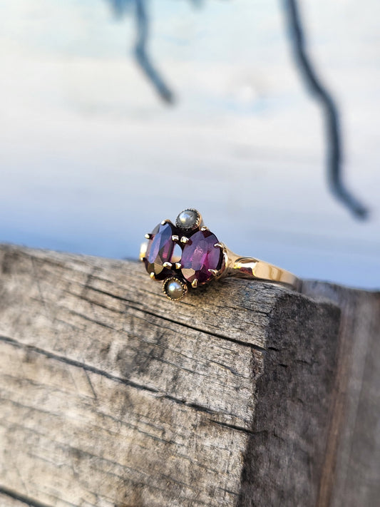 IIMMEDIATE SHIP Sz. 6.5 10K Victorian Garnet and Pearl Ring, Vintage Garnet Ring, Vintage Western Jewelry, Rose/Yellow Gold