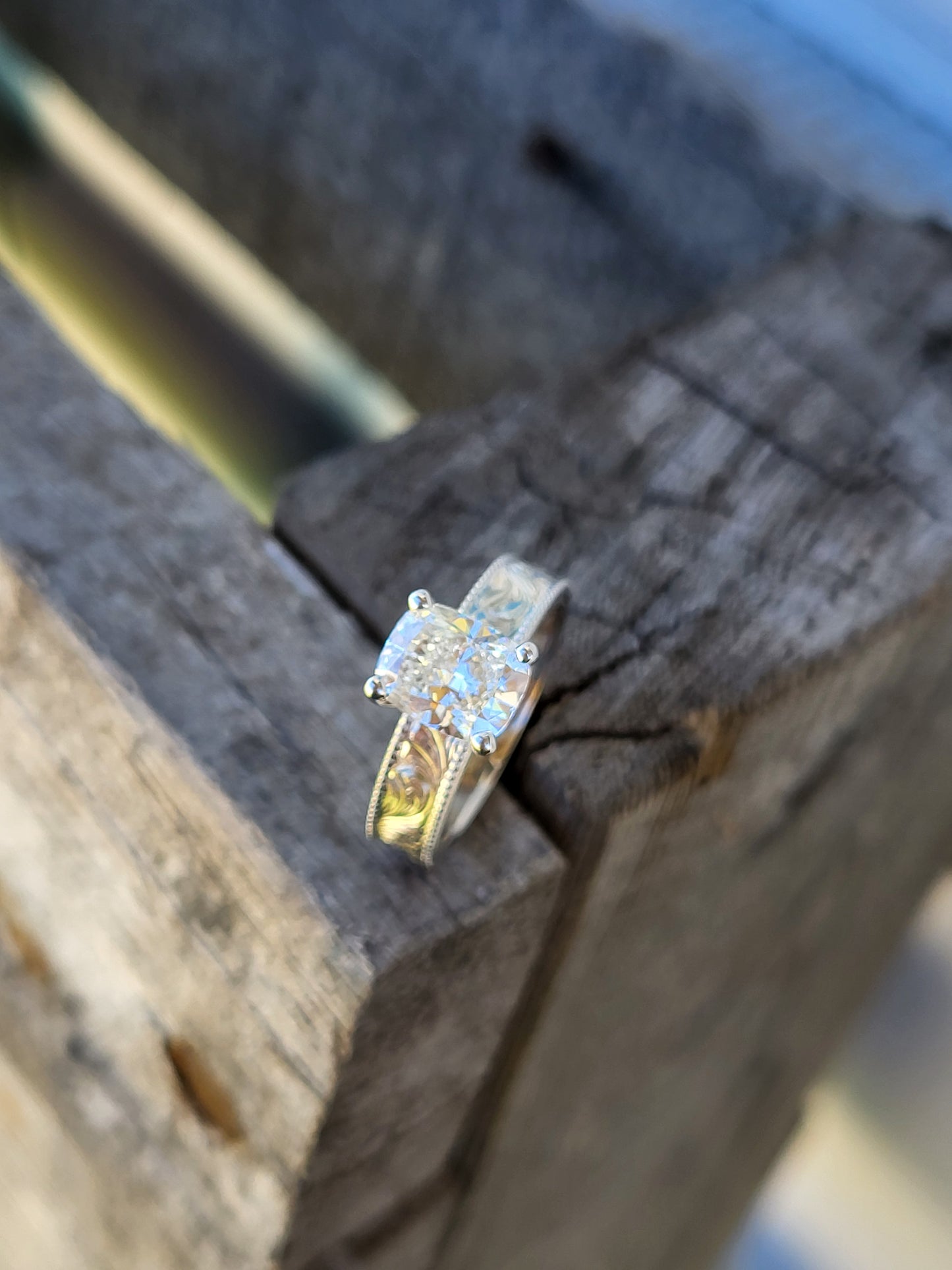 The Irene: 5mm Wide, 2ct Antique Cushion Cut Silver or White Gold Upraised Milgrain Ring, Square moissanite ring, western engagement ring, cowgirl ring, white gold engagement ring
