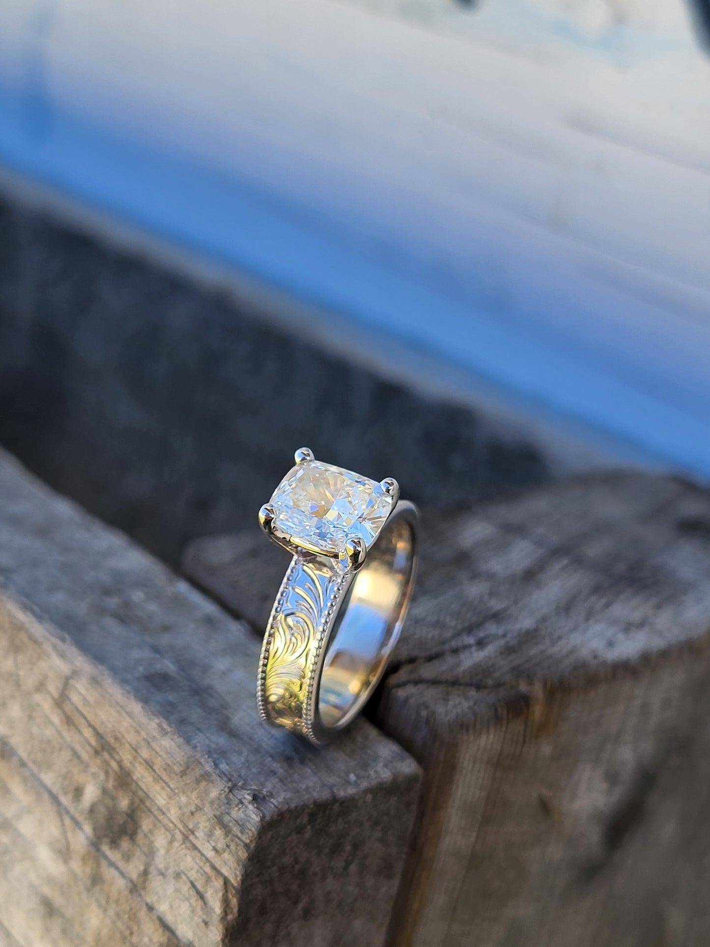 The Irene: 5mm Wide, 2ct Antique Cushion Cut Silver or White Gold Upraised Milgrain Ring, Square moissanite ring, western engagement ring, cowgirl ring, white gold engagement ring