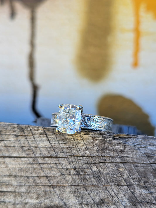 The Irene: 5mm Wide, 2ct Antique Cushion Cut Silver or White Gold Upraised Milgrain Ring, Square moissanite ring, western engagement ring, cowgirl ring, white gold engagement ring
