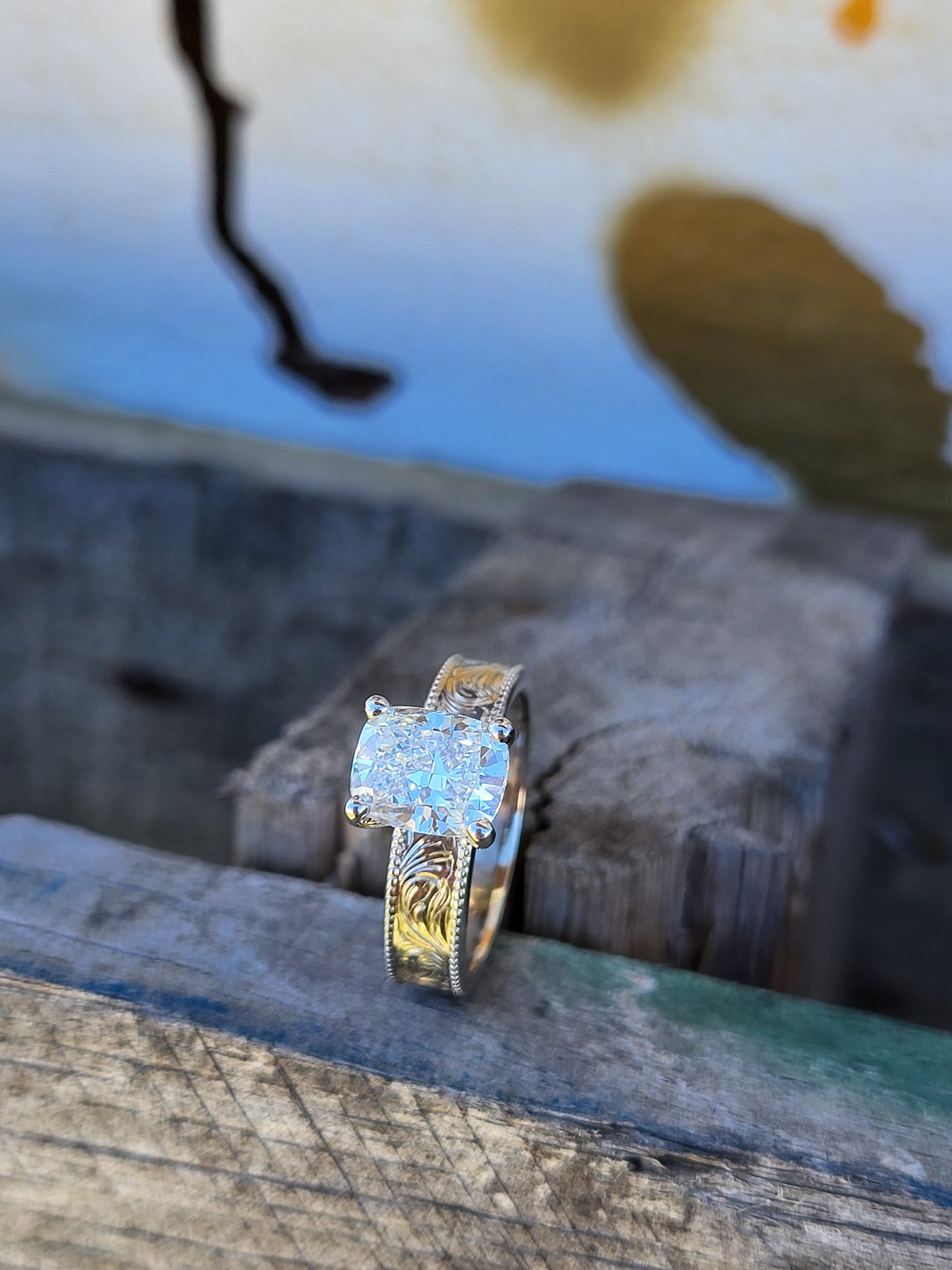 The Irene: 5mm Wide, 2ct Antique Cushion Cut Silver or White Gold Upraised Milgrain Ring, Square moissanite ring, western engagement ring, cowgirl ring, white gold engagement ring