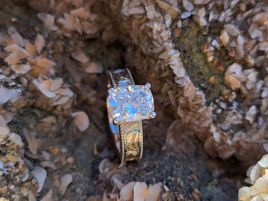 The Irene: 5mm Wide, 2ct Antique Cushion Cut Silver or White Gold Upraised Milgrain Ring, Square moissanite ring, western engagement ring, cowgirl ring, white gold engagement ring