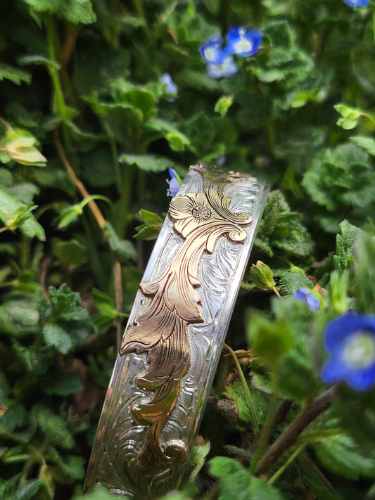 The Sarah- Floral Cowgirl Cuff: A Sterling Silver or 10K Gold Cuff with a 10K or 14K Gold overlay, Hand-engraved Cuff