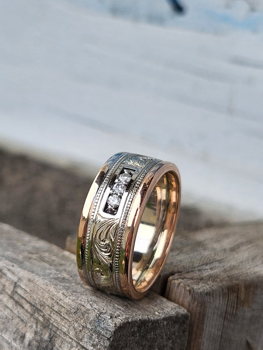 The Barrett: Hand-Engraved Cowboy Wedding Band with Diamonds, Two-Tone Rose and White Gold Men's Band, Hand-Engraved Wedding band for Him, Western Men's Wedding Ring