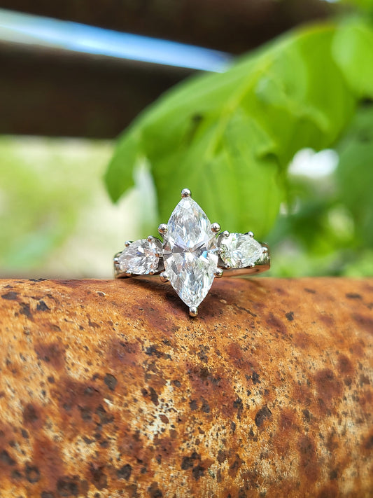 The Jena: 1 to 1.75ct Three-Stone Engagement Ring, 10K, 14K, or 18K White Gold Engagement Ring with 1ct to 1.75ct Marquise Center, Western Engagement Ring, Cowgirl Engagement Ring