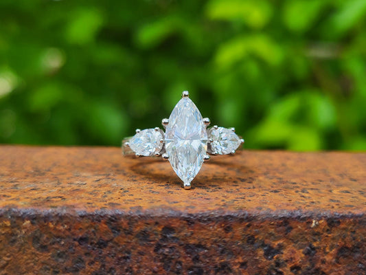 The Jena: 1 to 1.75ct Three-Stone Engagement Ring, 10K, 14K, or 18K White Gold Engagement Ring with 1ct to 1.75ct Marquise Center, Western Engagement Ring, Cowgirl Engagement Ring