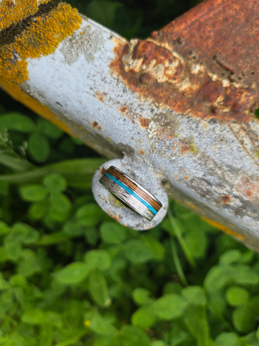 The Brady: 8mm Men's Wedding Band, Serinium Wedding Band for Him, Turquoise and Wood Inlay Cowboy Ring, Western Wedding Ring