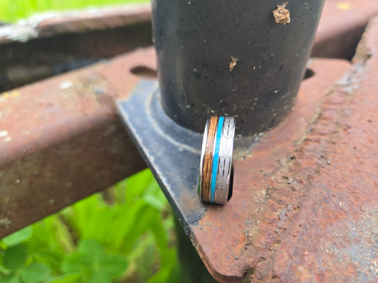 The Brady: 8mm Men's Wedding Band, Serinium Wedding Band for Him, Turquoise and Wood Inlay Cowboy Ring, Western Wedding Ring