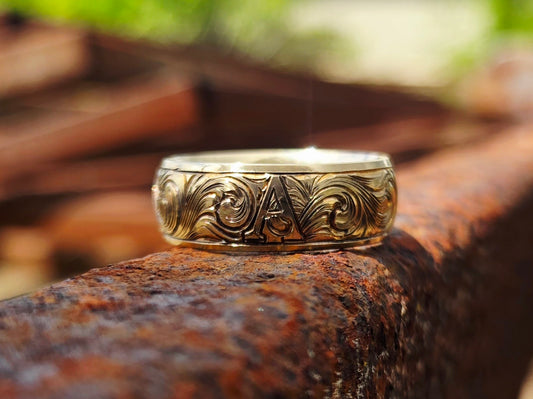 The Austin: Antiqued Yellow Gold, Heavy Comfort Fit Gold Men's Band, Hand-Engraved Wedding Band for Him, Western Men's Wedding Band, Custom Inital Band