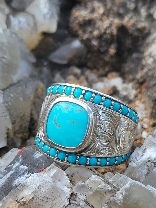 The Becca: Wide Turquoise Band, Hand-Engraved Sterling Silver Ring with Natural Turquoise, Channel Set Sides, Women's Western Ring, Cowgirl Ring, Tapered Ring with Turquoise