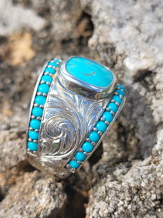 The Becca: Wide Turquoise Band, Hand-Engraved Sterling Silver Ring with Natural Turquoise, Channel Set Sides, Women's Western Ring, Cowgirl Ring, Tapered Ring with Turquoise