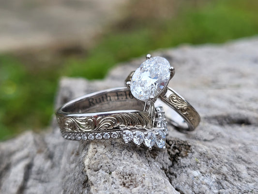 The Diana: Hand-Engraved 10K, 14K, or 18K White Gold or Platinum Stacking Band, Contour Engagement Ring Stacker, Stackable Western Wedding Band, Hand-Engraved Contour Ring