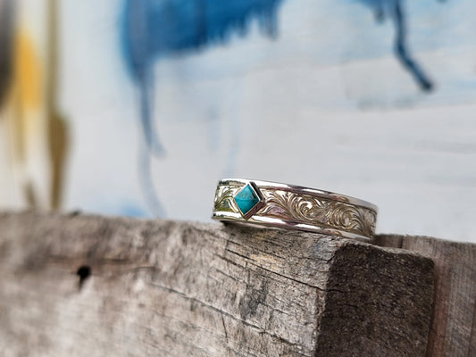 The Phoenix: Hand-Engraved Bezel Set Turqoise Men's Western Wedding Ring, Cowboy Wedding Band, Hand-Engraved Men's Band, Western Ring for Him