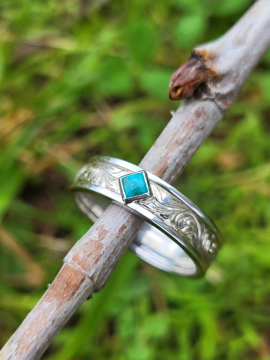 The Phoenix: Hand-Engraved Bezel Set Turqoise Men's Western Wedding Ring, Cowboy Wedding Band, Hand-Engraved Men's Band, Western Ring for Him