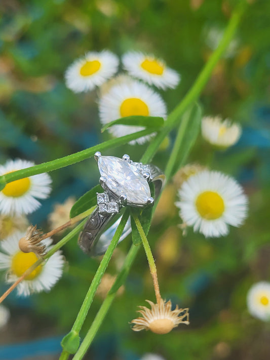 The Delaney: 1 to 1.75ct Three-Stone Engagement Ring, 10K, 14K, or 18K White Gold Engagement Ring with 1ct to 1.75ct Marquise Center, Western Engagement Ring, Cowgirl Engagement Ring, Princess Cut Accents