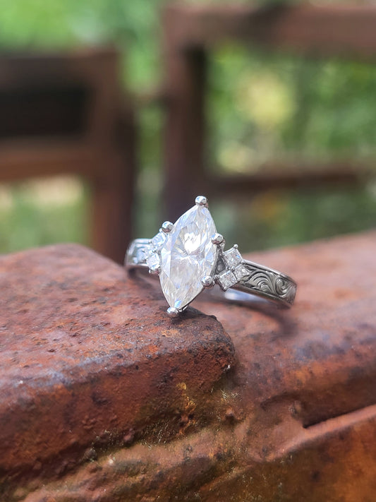 The Delaney: 1 to 1.75ct Three-Stone Engagement Ring, 10K, 14K, or 18K White Gold Engagement Ring with 1ct to 1.75ct Marquise Center, Western Engagement Ring, Cowgirl Engagement Ring, Princess Cut Accents