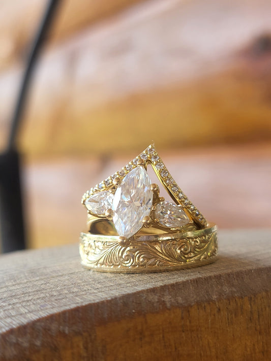 The Jasmine: 2ct. Marquise Three-Stone Engagement Ring, 10K, 14K, or 18K Yellow Gold Engagement Ring with 1ct to 1.75ct Marquise Center, Western Engagement Ring, Pear Accent Cowgirl Engagement Ring