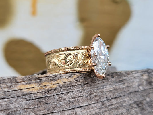The Louisa: Wide 2ct. Two-Tone Rose and Yellow Gold Hand-Engraved Western Engagement Ring, Unique Cowgirl Ring, Western Engagement Ring for Her, Rose Gold and Yellow Gold Engagement