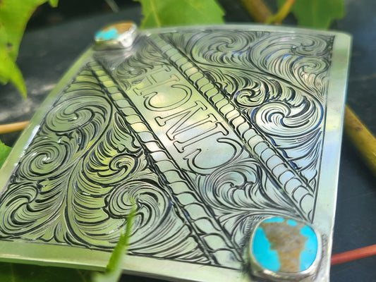 Cowboy Belt Buckle in Sterling Silver with Custom Name, Hand-Engraved Turquoise Accented Western Belt Buckle, Western Men's Belt Buckle, Hand-Fabricated Buckle